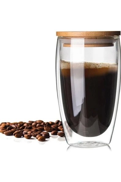 Yenigeldi 1 Adet Bambu Kapaklı Yüksek Borosilikat Cam Çift Katmanlı Kahve, Meşrubat Bardağı - 2
