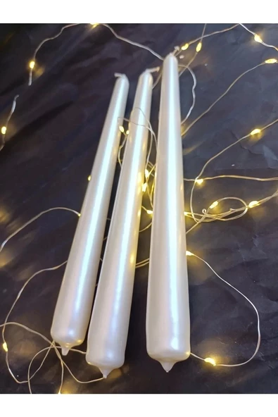 Yenigeldi 3 Lü , 7 Saat Yanan ,metalik Sedef Şamdan Mumu, Ivorry Taper Candle