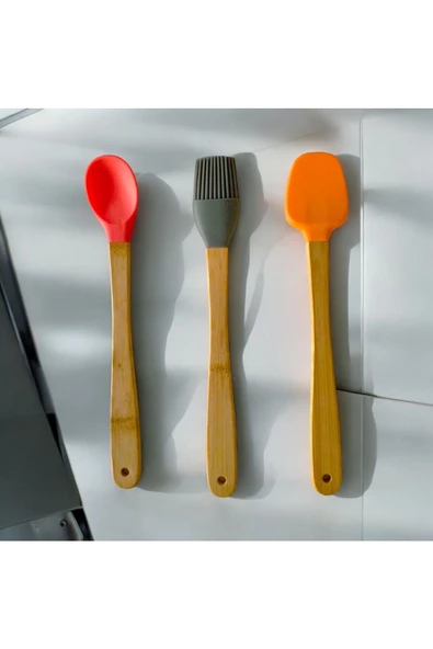 Yenigeldi 3 Adet 21 cm Pastel Renk Bambu Saplı Mini Silikon Pişirme Seti, ( Kaşık,Fırça,Spatula) - 2