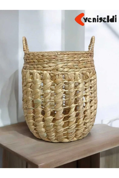 Yenigeldi (Y:37-G:30-TG:25 CM) 1 Adet Yuvarlak Dekoratif Hasır Sepet Saklama Amaçlı Yen240007k