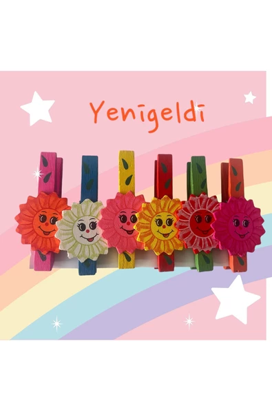 Yenigeldi 6 Adet Ahşap Çiçekli Gülen Yüzlü Ahşap Mandal Parti, Fotoğraf , Resim için