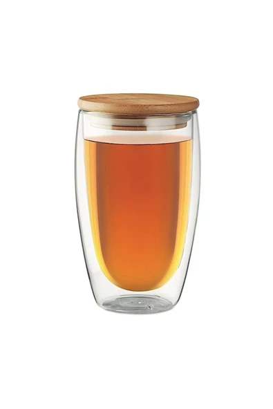 Yenigeldi 1 Adet Bambu Kapaklı Yüksek Borosilikat Cam Çift Katmanlı Kahve, Meşrubat Bardağı