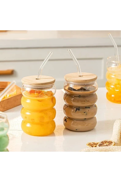 Yenigeldi 2 Adet Isıya Dayanıklı Cam Pipetli Ahşap Kapaklı Şeritli Boğumlu Bardak Kahve Meyve Suyu Bardağı