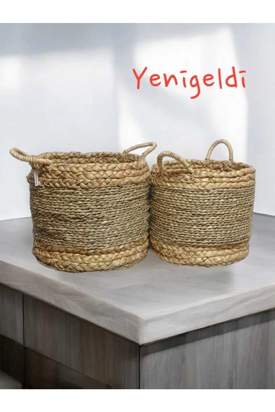 Yenigeldi 2li Saplı Yuvarlak Dekoratif Hasır Sepeti yen2400052