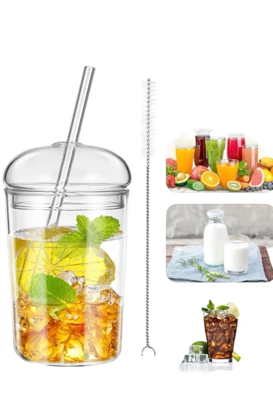 Yenigeldi Kubbe Kapaklı Pipetli Tumbler Isıya Dayanıklı Borosilikat Cam Bardak Kahve Meyve Suyu - 3