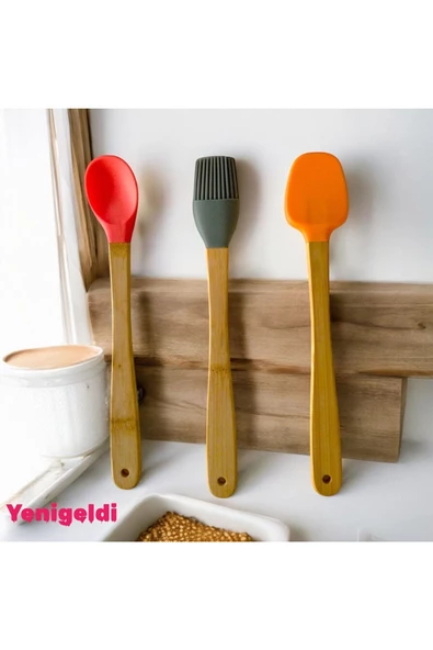 Yenigeldi 6 Adet 21 cm Pastel Renk Bambu Saplı Mini Silikon Pişirme Seti, ( Kaşık,Fırça,Spatula)