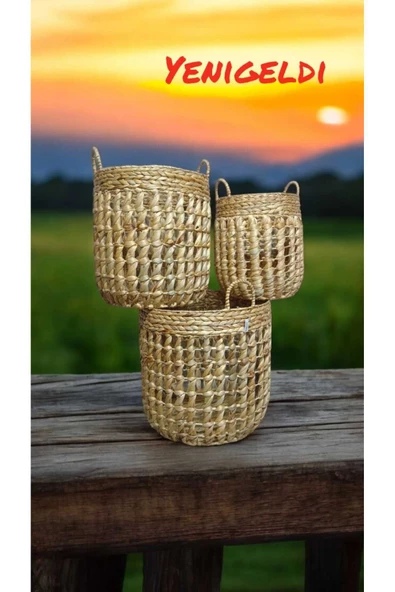 Yenigeldi 3lü Yuvarlak Dekoratif Hasır Sepetler Saklama Amaçlı yen2400073 - 2