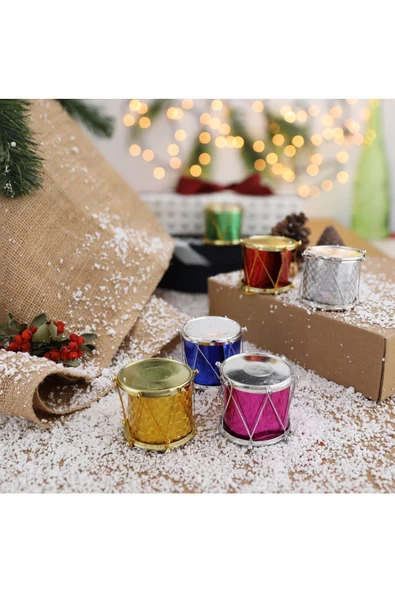 Yenigeldi 6 Adet Renkli Simli Mini Davul Noel Ağacı Süsleri, Asılı Noel Dekoru ürün görseli 1