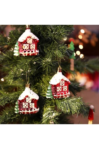 Yenigeldi 9 Cm 3'lü Ev Şeklinde Çam Ağacı Süsü, Yılbaşı Ağaç Süsü ürün görseli