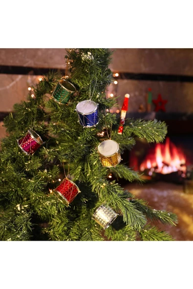 Yenigeldi 6 Adet Renkli Simli Mini Davul Noel Ağacı Süsleri, Asılı Noel Dekoru - Resim 2