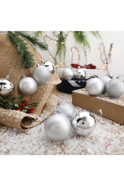 Yenigeldi 12 Adet Gümüş 6 Cm Yılbaşı Topu, Adet Noel Topu, Çam Ağacı Topu, Süs Topu ürün görseli 1