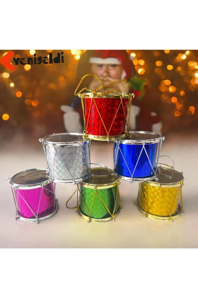 Yenigeldi 6 Adet Renkli Simli Mini Davul Noel Ağacı Süsleri, Asılı Noel Dekoru - Resim 3