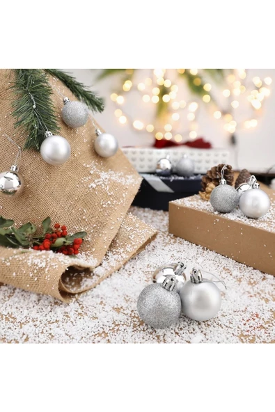 Yenigeldi 12'li Gümüş 3,5 Cm Yılbaşı Topu, Noel Topu, Çam Ağacı Topu, Süs Topu