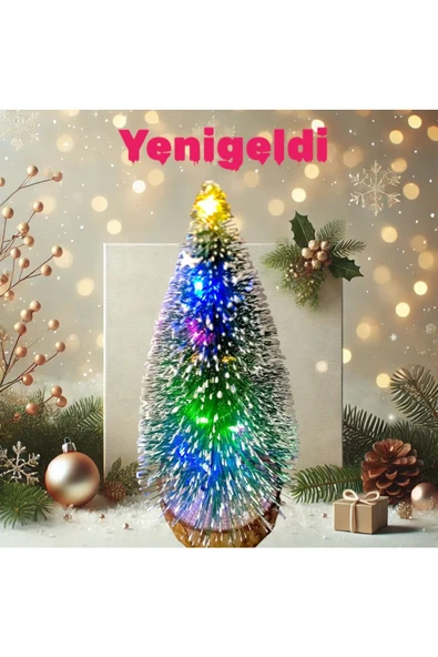 Yenigeldi 18-20 cm Mini Işıklı Masaüstü Yılbaşı Ağacı Çok Renkli LED Işıklar Ahşap Tabanlı