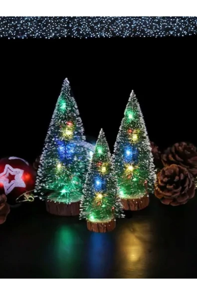 Yenigeldi 15-18 Cm Kendinden Işıklı Işıklı Masaüstü Yılbaşı Ağacı Çok Renkli Led Işıklar Ahşap Tabanlı
