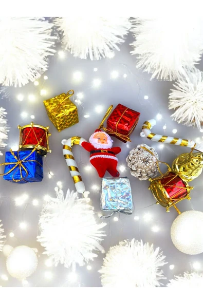 Yenigeldi Yılbaşı Süsleri Seti, Kırmızı Altın Süs Seti , Dekoratif Davul Noel Baba ve Hediye Paketi  T-70