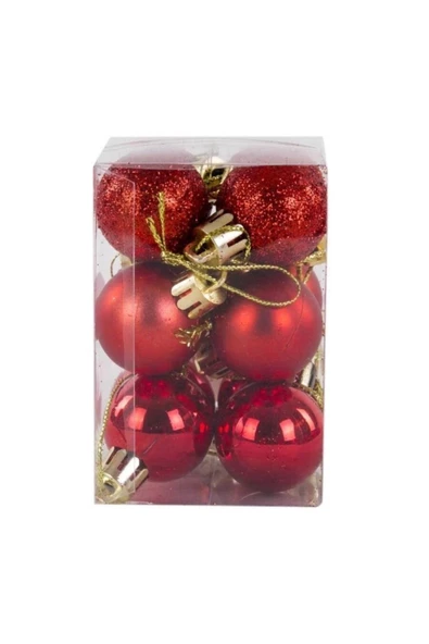 Yenigeldi 12'li Kırmızı Noel Topu, 3 Cm Çam Ağacı Süsü