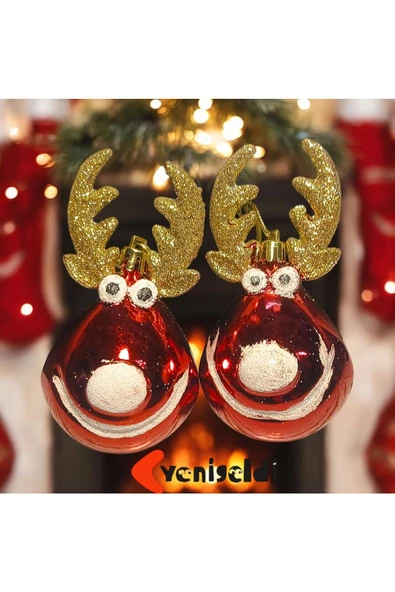Yenigeldi 2 Adet (12 CM) Geyik Şeklinde Yılbaşı Ağacı Süsü - (Parlak Altın Boynuzlu) T-322