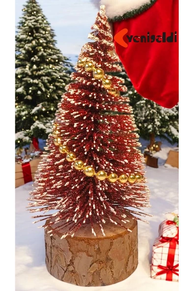 Yenigeldi 1 Adet Kırmızı 10 Cm Kar Efektli Küçük Yılbaşı Ağacı - Altın Top Süslemeli Dekoratif Çam Ağacı T-37