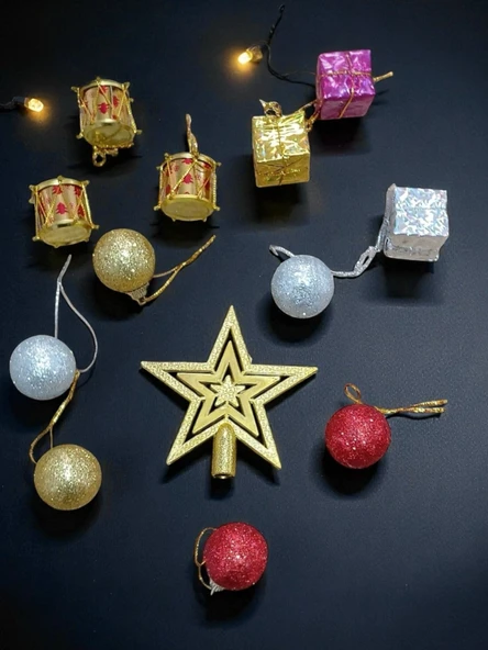 Yenigeldi Yılbaşı Süsleri Seti Kırmızı Yeşil Altın Süs Seti Kırılmaz Davul ve Hediye Paketi Süsler t-68 - Resim 2