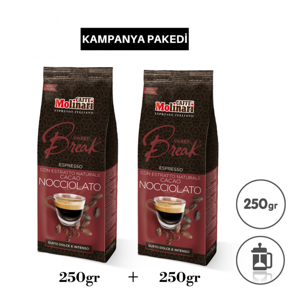caffe Molinari Tatlı aromalı fındık kakao 250+250gr gr öğütülmü filtre toz kahve
