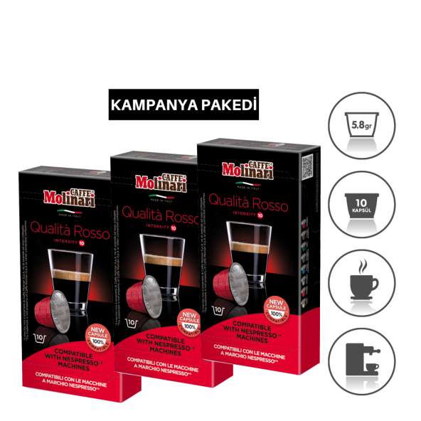 Cafe Molinari qualita rosso 3 kutu 30 kapsül Nespresso makinası uyumlu