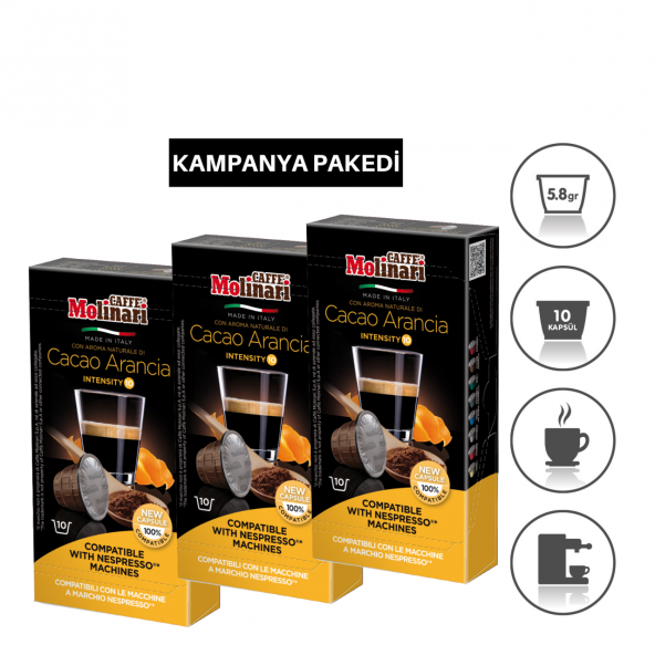 Cafe Molinari portakal-kakao 3 kutu 30 kapsül Nespresso makinası uyumlu