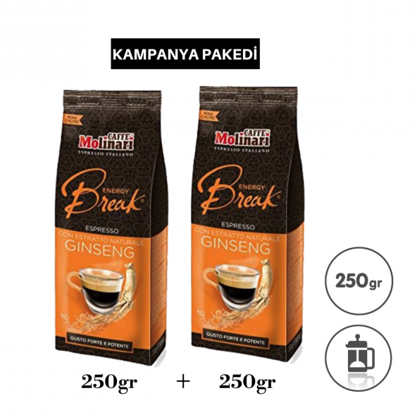 caffe Molinari  energy break aromalı ginseng 250+250gr  öğütülmüş filtre toz kahve