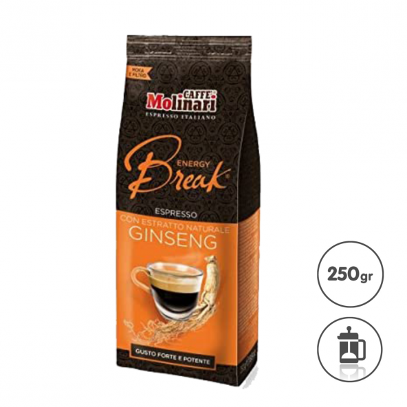 caffe Molinari energy break aromalı ginseng 250gr öğütülmüş filtre toz kahve