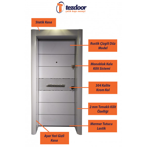 TEZ-1537 Beyaz Renk Statik Kasalı Desenli Düz Model Daire Kapısı, Çelik Kapı, Villa Kapısı - 7