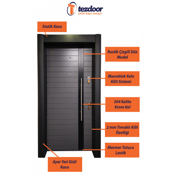 TEZ-1550 Siyah Statik Kasalı Antrasit Düz Model Daire Kapısı, Çelik Kapı, Villa Kapısı - 3