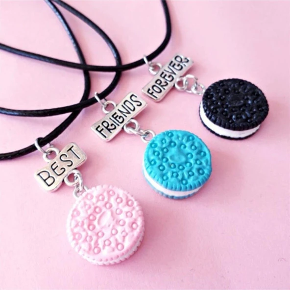Renkli Oreo Makaron Best Friends BFF 3lü Suni Deri İpli Kolye