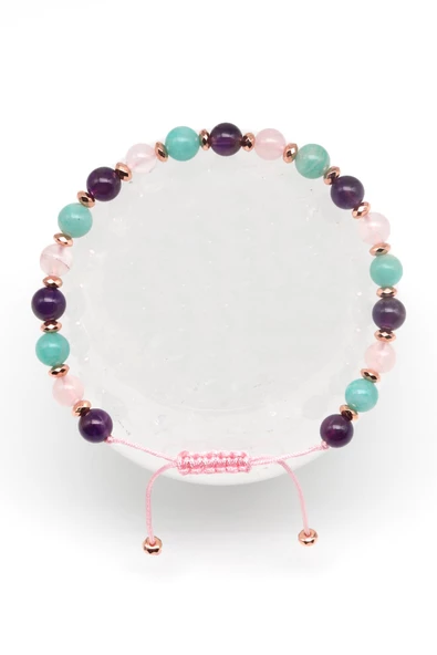 Ametist-Pembe Kuvars-Amazonit Doğal Taş Makrome Örme Bileklik Küre Kesim ürün görseli