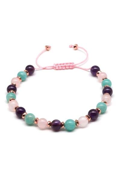 Ametist-Pembe Kuvars-Amazonit Doğal Taş Makrome Örme Bileklik Küre Kesim - Resim 2