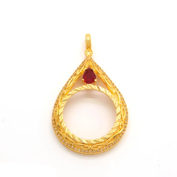 Tam Altın Çerçeveli Kolye Ucu Altın Kaplama Desenli TGR-594