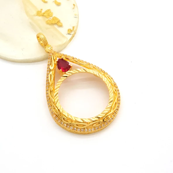 Tam Altın Çerçeveli Kolye Ucu Altın Kaplama Desenli TGR-594 - 3