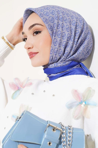 MK Desen Soft Eşarp Gri Lacivert - Resim 2