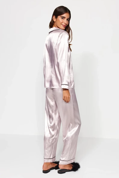VıoShıne Kadın Saten Biyeli Gömlek Pantolon Dokuma Pijama Takımı - 9