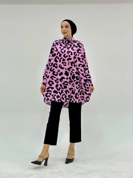 VıoShıne Kadın Leopar Desenli Oversize Saten Gömlek - 5