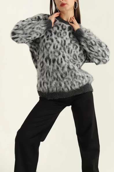 VıoShıne Kadın Leopar Desenli Sakallı Triko Kazak - 8