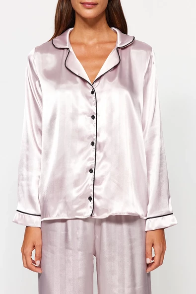 VıoShıne Kadın Saten Biyeli Gömlek Pantolon Dokuma Pijama Takımı - 12