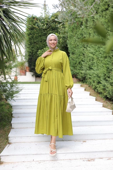 VıoShıne Kadın Düğmeli Gömlek Yaka Kuşaklı Bürümcük Elbise - 9