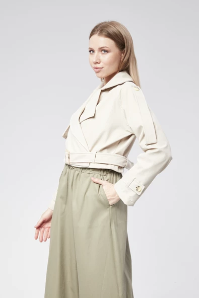 VıoShıne Kadın Soft Kumaş Kruveza Kemerli Crop Ceket - 3