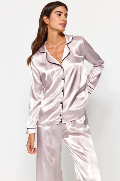 VıoShıne Kadın Saten Biyeli Gömlek Pantolon Dokuma Pijama Takımı - 4