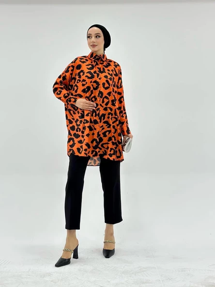 VıoShıne Kadın Leopar Desenli Oversize Saten Gömlek - 11