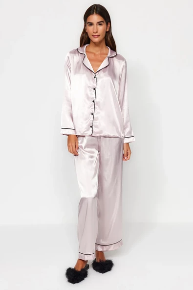 VıoShıne Kadın Saten Biyeli Gömlek Pantolon Dokuma Pijama Takımı - 8