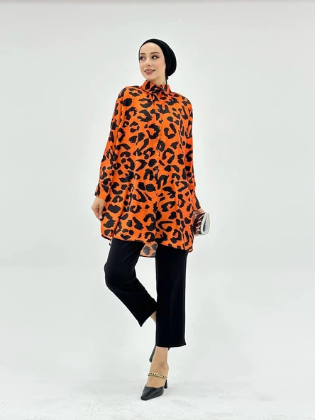 VıoShıne Kadın Leopar Desenli Oversize Saten Gömlek - 12