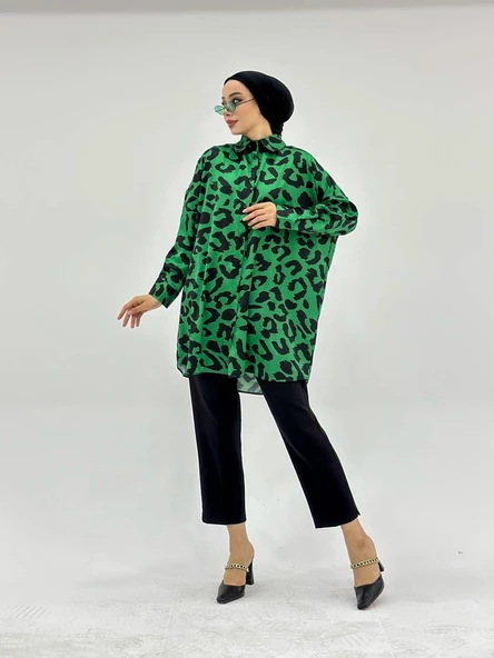 VıoShıne Kadın Leopar Desenli Oversize Saten Gömlek - 4