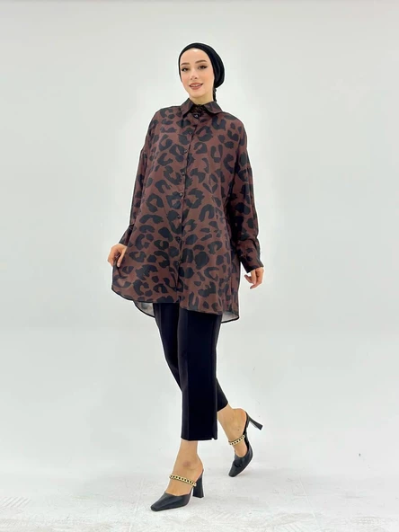 VıoShıne Kadın Leopar Desenli Oversize Saten Gömlek - 8