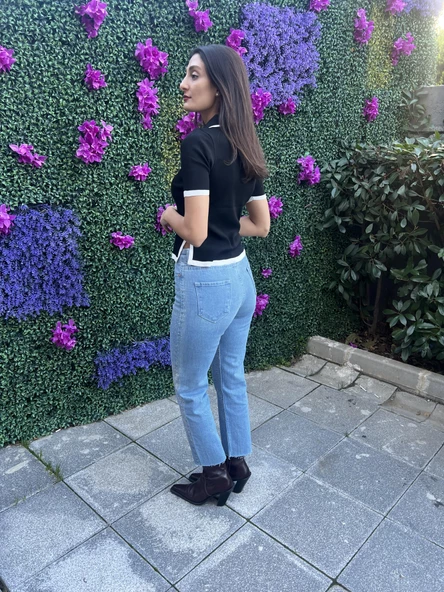 POLO YAKA KISA KOL TRİKO BLUZ-SİYAH RENK - 3